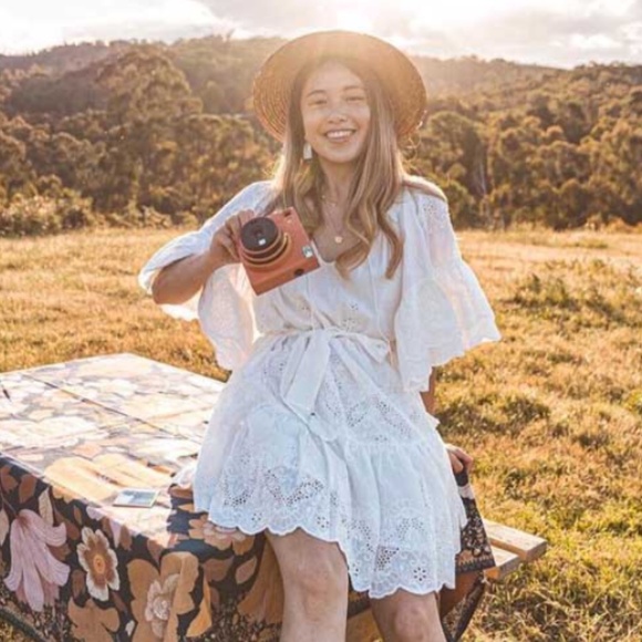 Boho white ruffle tier neck tie belted mini dress - Picture 5 of 6